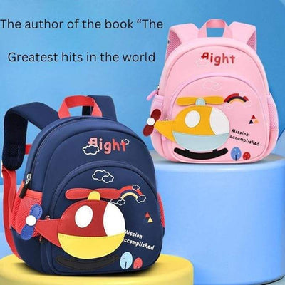 Usmile Toys cute yellow children's bag featuring a prominent red, white, and blue helicopter design on the front pocket, suitable for baby boys and girls. www.usmile.toys