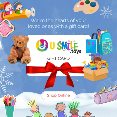 Promotional graphic for U Smile Toys gift card featuring a collection of toys and a 'Shop Online' call-to-action, with a backdrop of snowflakes and children's illustrations.