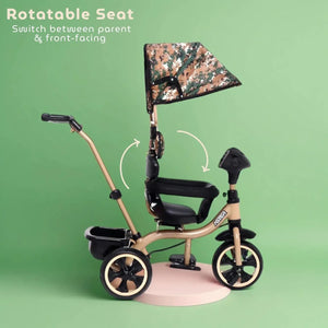Aster 4-in-1 musical tricycle for kids with camouflage canopy and parent push handle. www.usmile.toys