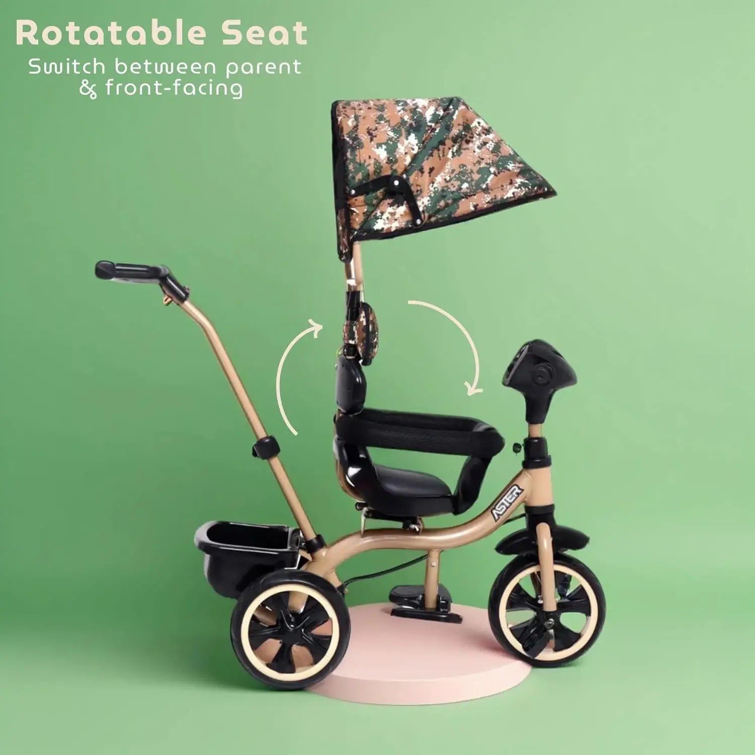 Aster 4-in-1 musical tricycle for kids with camouflage canopy and parent push handle. www.usmile.toys