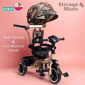 Aster 4-in-1 musical tricycle for kids with camouflage canopy and parent push handle. www.usmile.toys