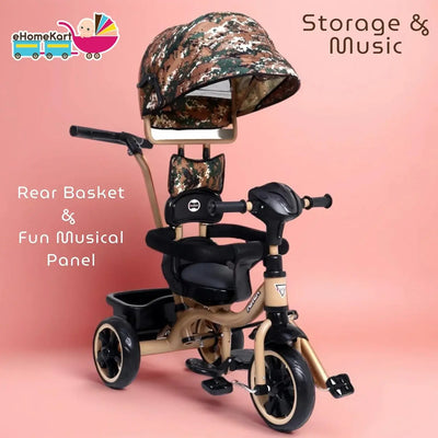 Aster 4-in-1 musical tricycle for kids with camouflage canopy and parent push handle. www.usmile.toys