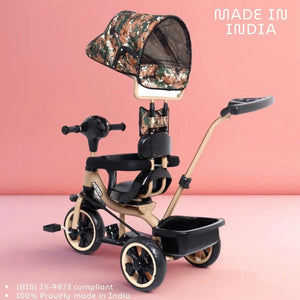 Aster 4-in-1 musical tricycle for kids with camouflage canopy and parent push handle. www.usmile.toys