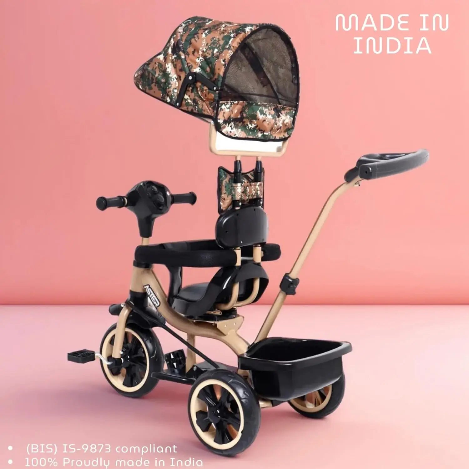Aster 4-in-1 musical tricycle for kids with camouflage canopy and parent push handle. www.usmile.toys