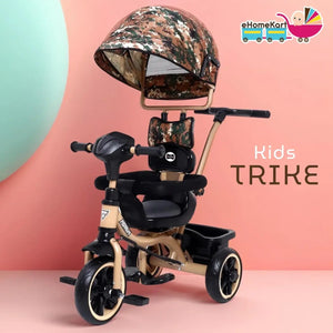 Versatile Aster 4-in-1 musical trike for toddlers, featuring a detachable camouflage sun canopy, parent push handle, safety bar, and rear storage, promoting outdoor adventures and developmental fun. www.usmile.toys