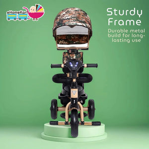 Aster 4-in-1 Musical Trike for Kids in beige and black, with a unique camouflage print sun canopy, convertible design from stroller to tricycle, removable parent push handle, safety harness, footrests, and musical features. Perfect for U SMILE TOYS outdoor play. www.usmile.toys
