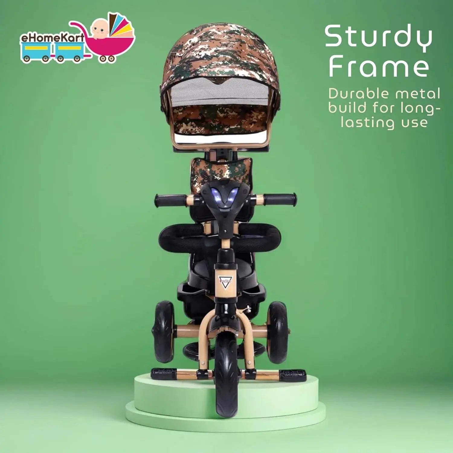 Aster 4-in-1 Musical Trike for Kids in beige and black, with a unique camouflage print sun canopy, convertible design from stroller to tricycle, removable parent push handle, safety harness, footrests, and musical features. Perfect for U SMILE TOYS outdoor play. www.usmile.toys
