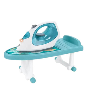 A colorful toy iron, portable ironing board, two laundry baskets, a clothes hanging rack, and miniature detergent bottles, designed for realistic pretend play by Usmile Toys. www usmile.toys