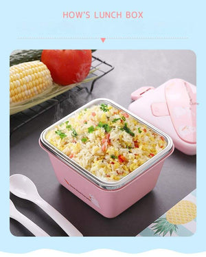 Set of insulated stainless steel kids lunch boxes in pink, blue, and green with rabbit design. www.usmile.toys