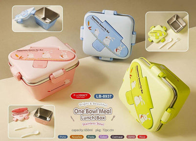 Durable insulated kids' tiffin boxes with stainless steel interior, available in pastel pink, blue, and green, perfect for school meals. www.usmile.toys